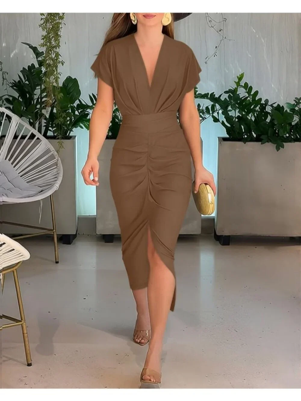 Women Solid Brown Polyester Elastane Floral Print V Neck Slit Bodycon Midi Dress